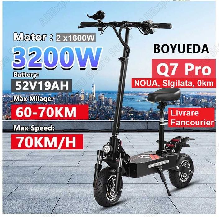 Noua, 0 Km‼️BOYUEDA Q7 Pro 3200W, 2x1600W Dual Motor, Baterie 52V 28AH, Frane Hidraulice, +Scaun +cheie card NFC +Aplicatie Bluetooth Telefon