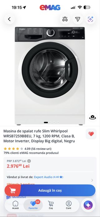 Masina de spalat rufe Slim Whirlpool , 7 kg, 1200 RPM,Motor Inverter, Display Big digital, Negru , in garantie