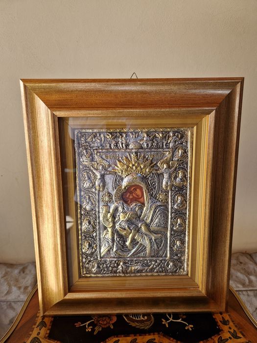 Прекрасна голяма антикварна сребърна икона сертификат маркировки