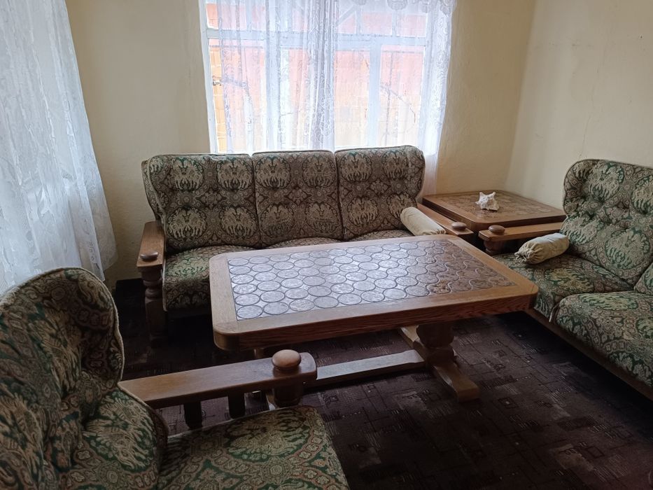 Set canapele +fotoliu + măsuțe lemn masiv Stejar
