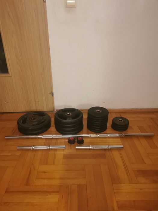 Set haltera și gantera bodybuilding, fonta în cauciuc, 72 kg