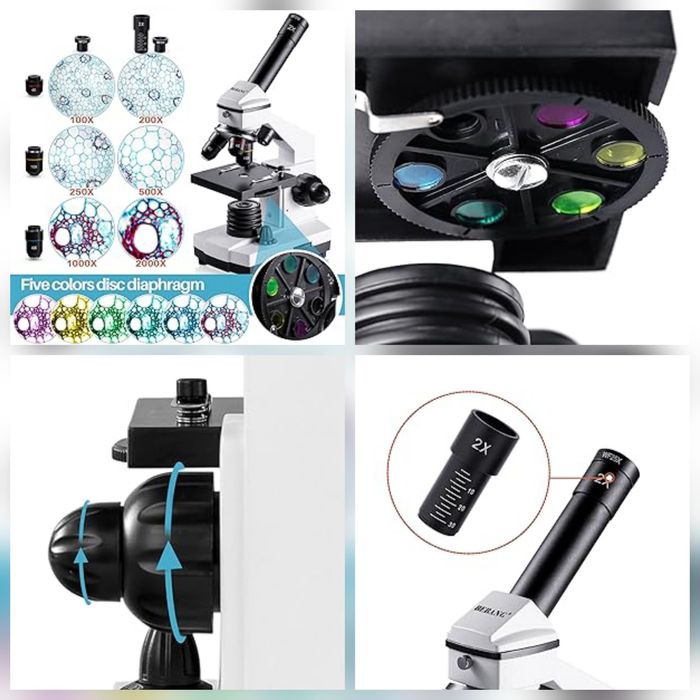 Биологичен Микроскоп BEBANG 100X-2000X, 2х LED осветяване, аксесоари