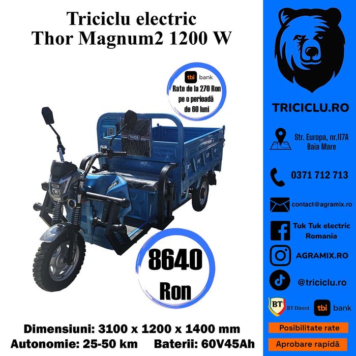 Triciclu electric tuk tuk Thor Magnum 3 fara permis 60V45Ah Agramix