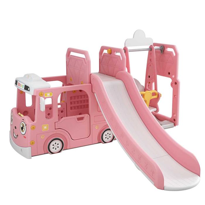 Ansamblu de joaca Kinderplay BUS, 4 in 1 cu tobogan, leagan #pink