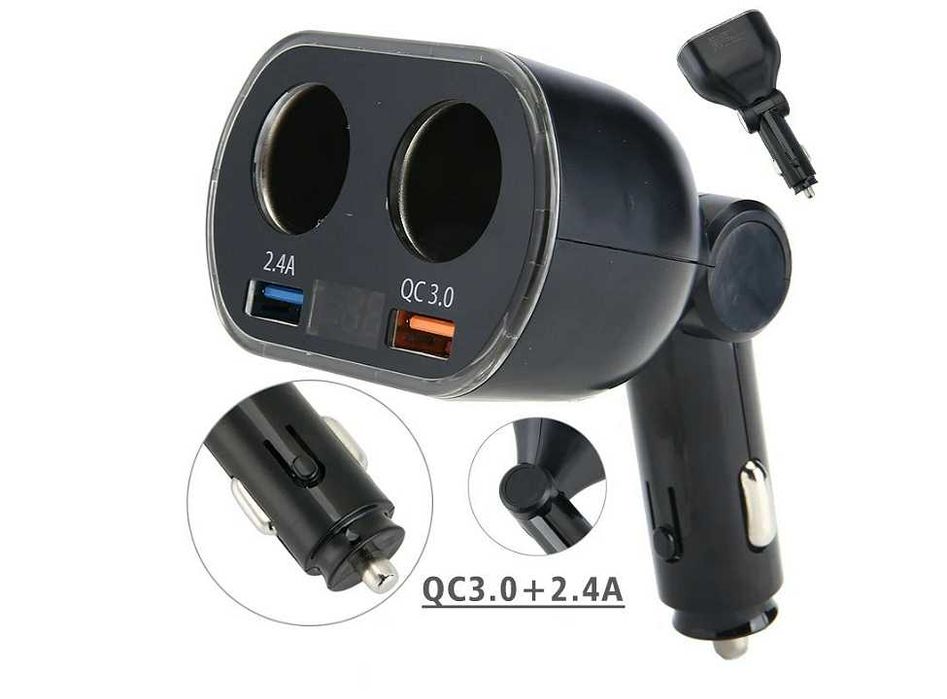 Разклонител за запалка 12V/24V с волтметър, 2 гнезда и QC 3.0 USB