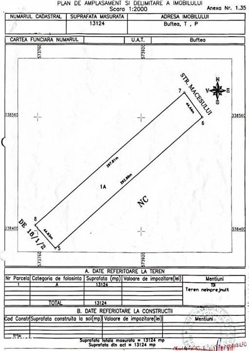 Teren intravilan 13124 mp cu front 44.5 m | Buftea - Cartierul Tineret