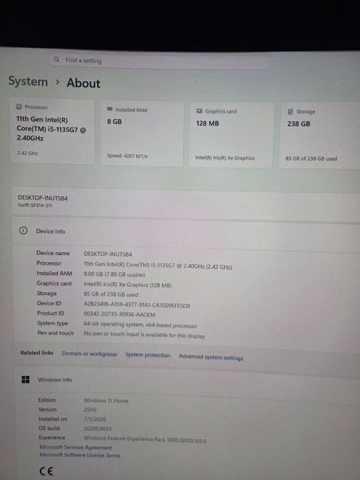 I5 1135G7 8GB DDR4 SSD 240