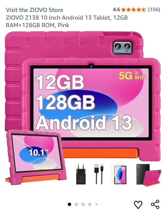 Tableta Copii Sigilata, Ziovo Z138 Roz, Wifi, 10 inch, 128GB+12GB Ram