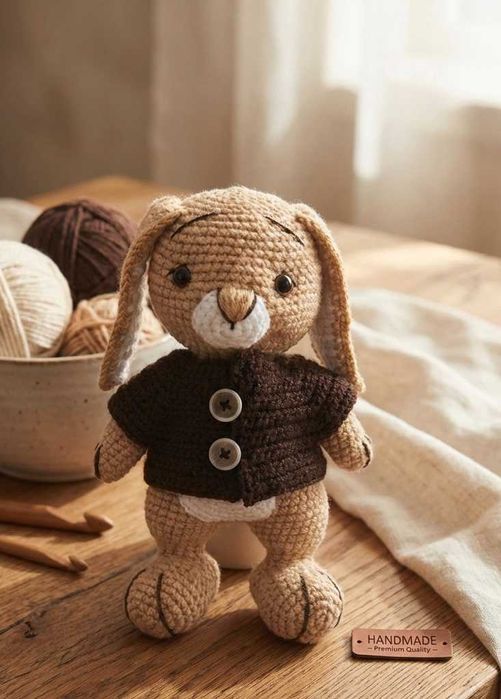 Iepuraș Croșetat cu haina, Jucărie Handmade, Outfit Detașabil