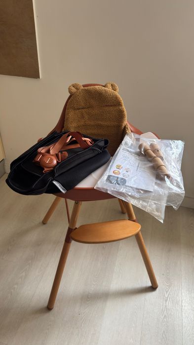 Scaun masă reglabil   ChildHome Evolu 2 culoarea natural/ruginiu + accesorii ( tăviță cu silicon , perna ursuleț și coș depozitare )