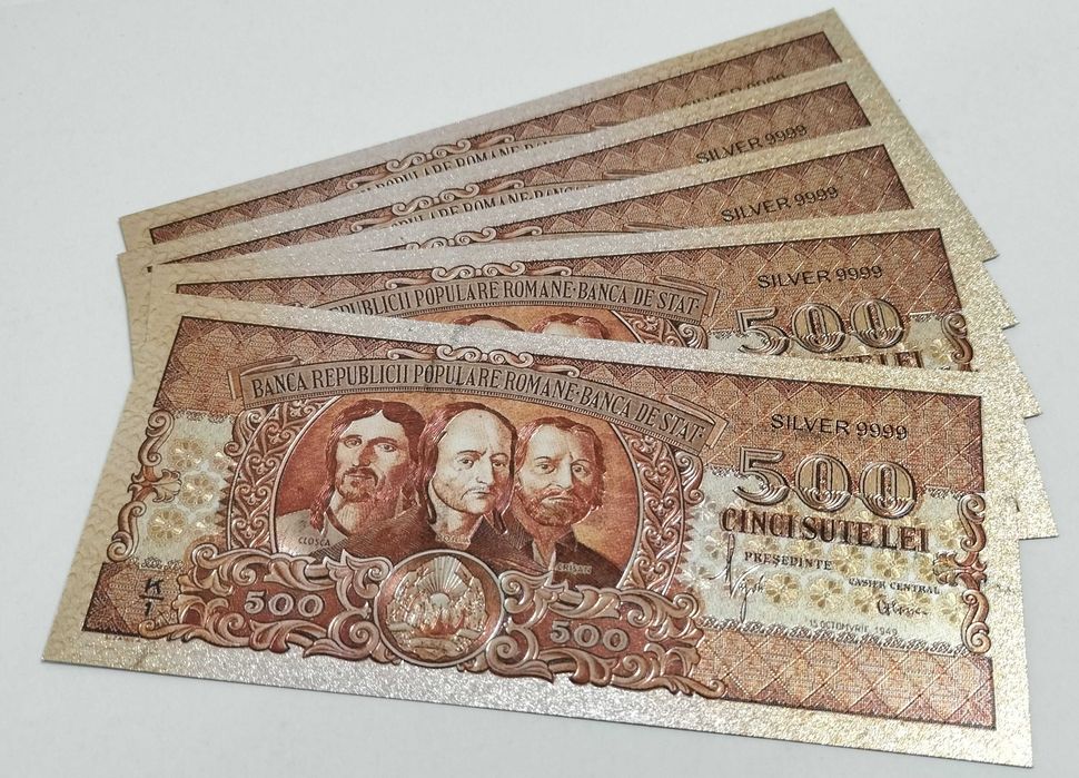 500 Lei 1949-Lot 5 bucăți-Horea Cloșca Crișan-Silver Edition-bancnote ornamentale / suveniruri / educaționale placate argint 999‰
