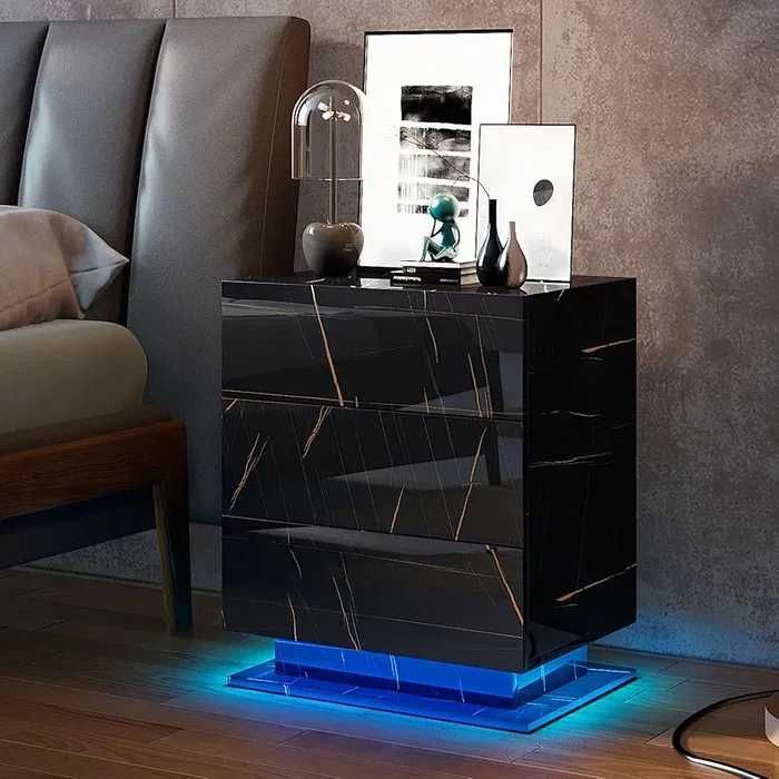 Нощни шкафчета Бял/Черен гланц/мрамор лед LED осветление, 3 чекмеджета