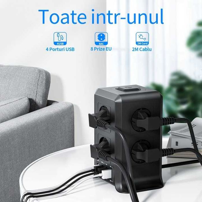 Prelungitor turn Sameriver,4 porturi USB 2,4A, 8 prize,2m,1200 jouli