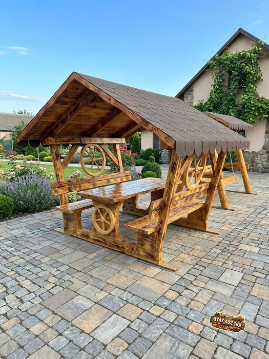 Balansoar  rustic din lemn masiv cu 2 leagăne  set masă  scaune