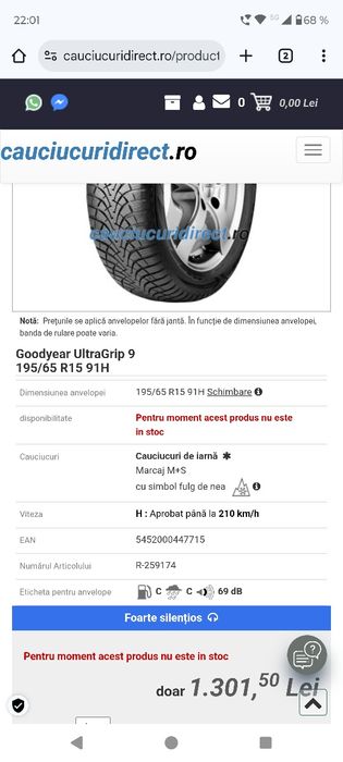 Anvelope iarna 195 65 15  Goodyear 7-8 mm