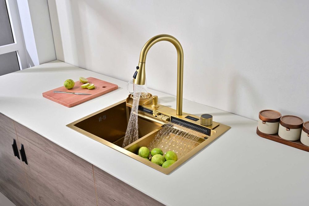 60см Златна мултифункционална кухненска мивка с двоен водопад