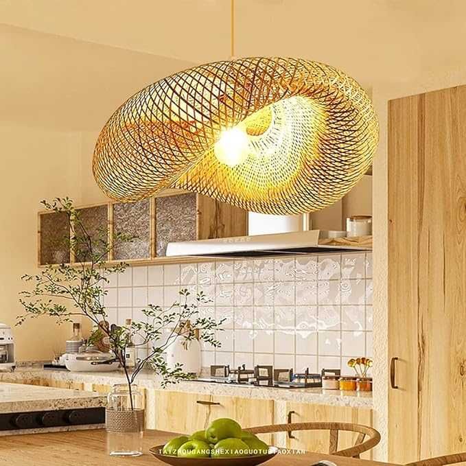 Намален. Винтидж висяща лампа полилей ретро естествен бамбук рат