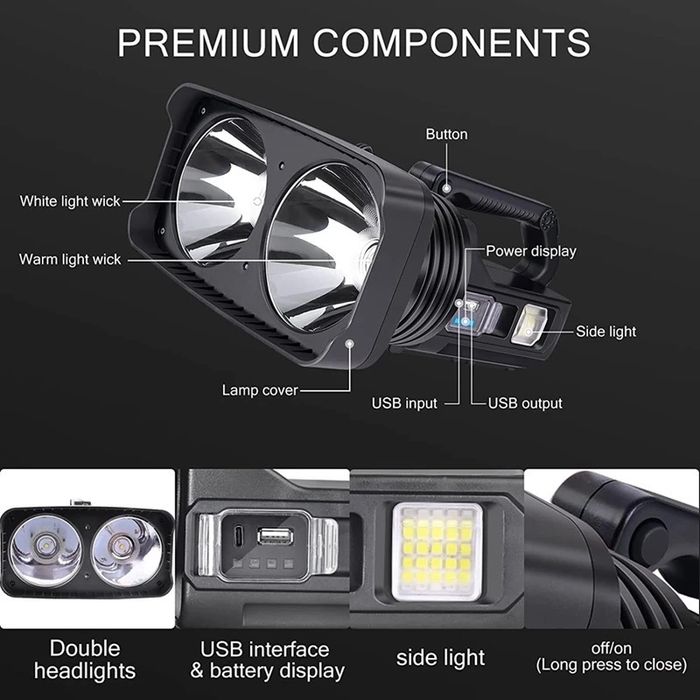Lanterna dubla LED XHP50 cu Trepied, Lumina Calda si Rece, LED Lateral