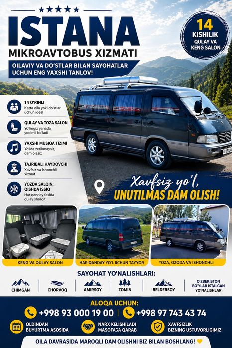 Istana mikroavtobus – oilaviy va do‘stlar bilan sayohatlar uchun!
O‘zb