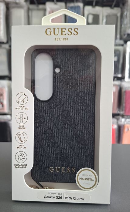 Гръб Guess за Samsung Galaxy S26  Черен кожен кейс със златно лого