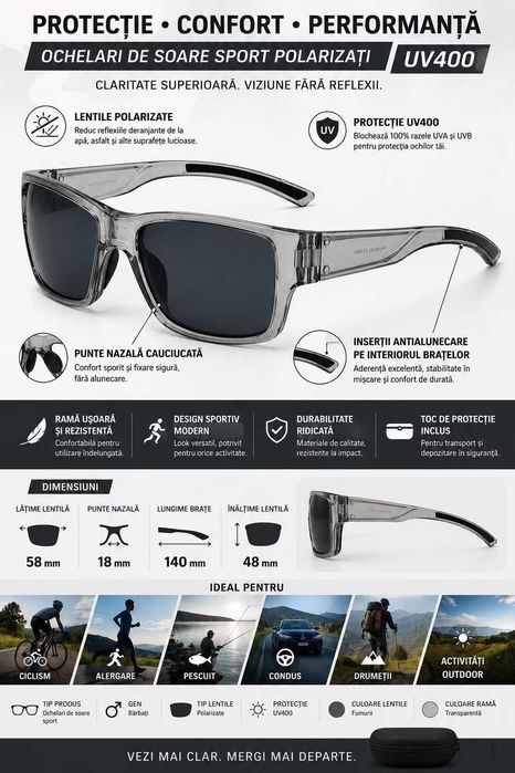 Ochelari de Soare Sport Polarizati pentru Barbati, UV400, Rama Transparenta, Lentile Fumurii, pentru Ciclism, Alergare si Activitati Outdoor