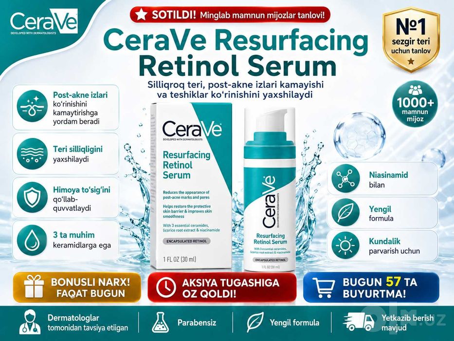 CeraVe Retinol,Hyaluronic Acid Serum-Yuz tozalash,yoshartirish,namlash