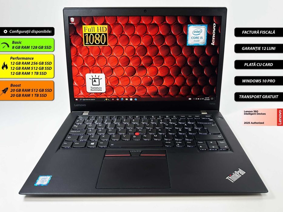 Laptop Lenovo Thinkpad T470s Intel i5 12 gb ram 1tb ssd Ecran 14 inch Full HD Gama business Carcasa magneziu Ultraslim Factura si Garantie 1 an