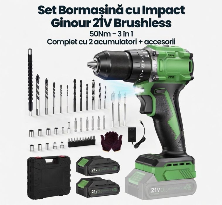 Set bormaşină cu impact Ginour 21V, 50Nm, motor Brushless + 2 acumulatori 2Ah + accesorii