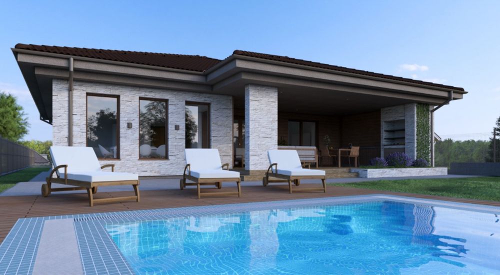 Casa mediteraniana pe 1 nivel 356 mp teren 1340 mp cu piscina drum privat exclusivist