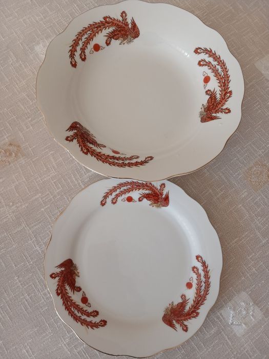 Set 12 farfurii portelan chinezesc, cu file aur si pasarea phoenix
