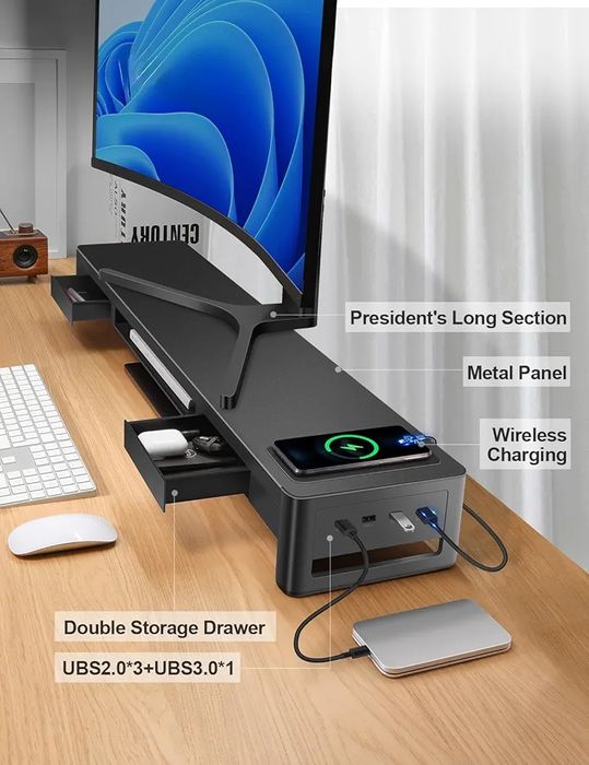 3в1 Стоиказа 2 монитора с 4 USB порта,Безично зарядно 2 чекмеджета