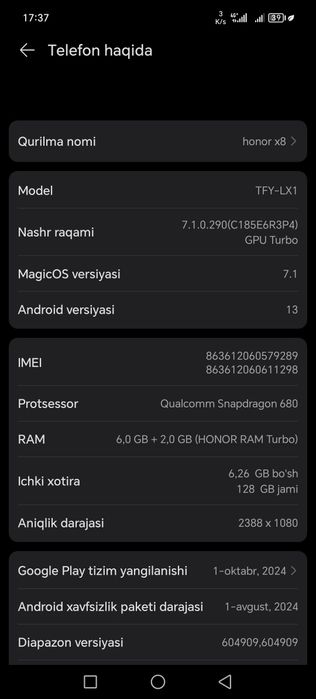 Telfon honor x8 6/128