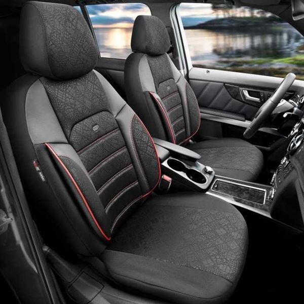 Тапицерия за предни и задни седалки,карбон,черен цвят,червени ленти