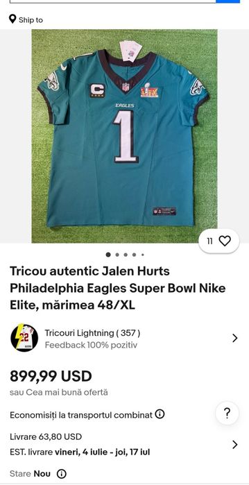 Tricou NIKE Elite Jalen Hurts Philadelphia Eagles Legend Nou, Nr. XL