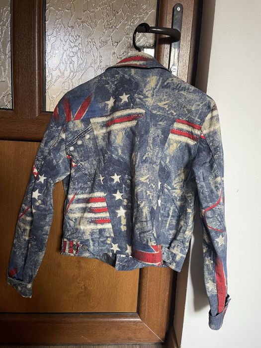 Geacă din Blugi Vintage cu Print Steag USA & UK, Stil Biker / Rock