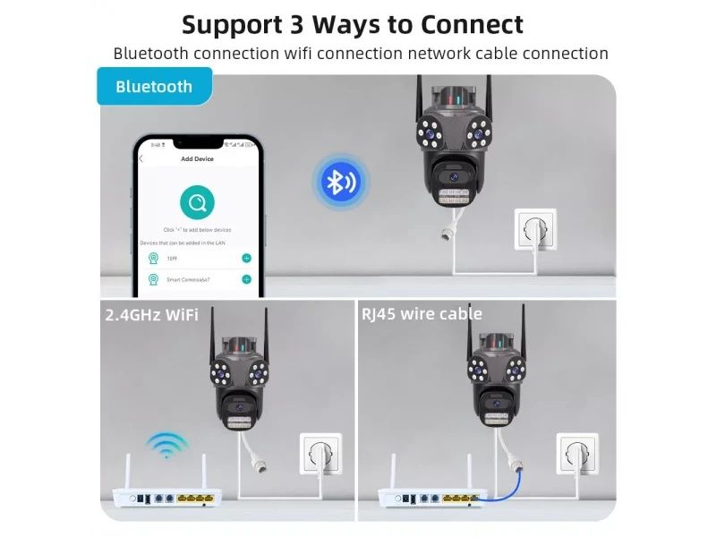 Тройна външна въртяща WiFi AI камера 10MP с три обектива, ICSee, Черна