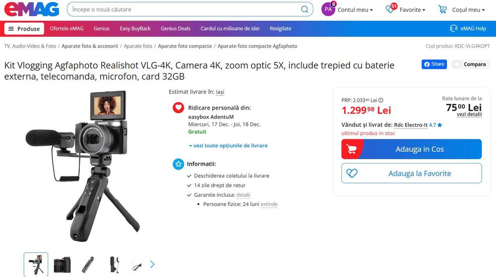 Realishot VLG-4K Optical - Kit Vlogging 4K+ Trepied+card+microfon