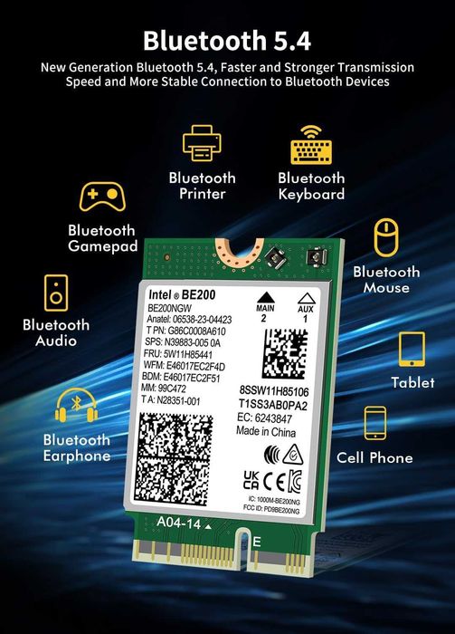 Placă wireless NICGIGA WiFi 7/6 Intel BE200 NGW,Bluetooth 5.4,5.8Gbps