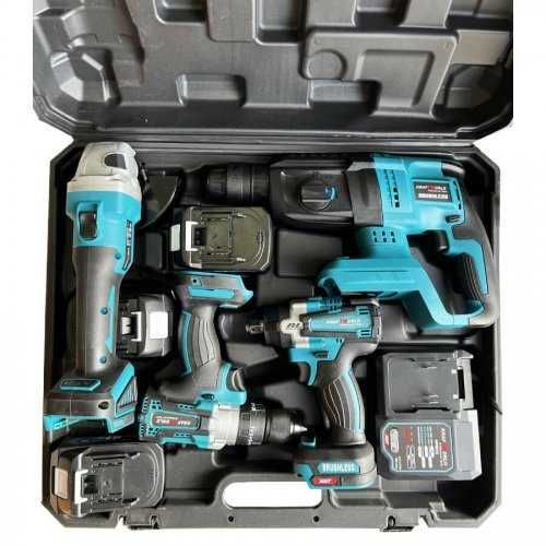 Комплект от акумулаторен перфоратор, ъглошлайф, гайковерт и винтоверт