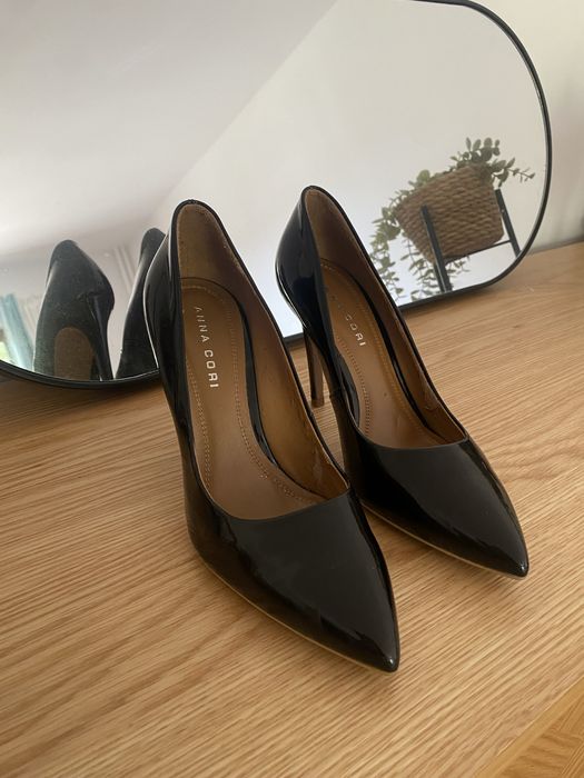 Pantofi Anna Cori negri luciosi  piele naturala toc inalt 38 jumate