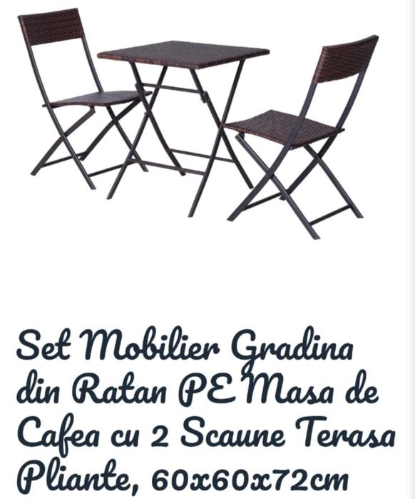 Set mobilier grădină din ratan – masă + 2 scaune pliabile