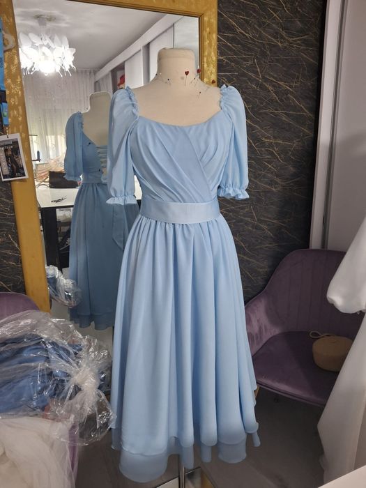 Rochie elegantă Ice blue, unicat, făcută pe comandă, cu corset – purtată o singură dată.