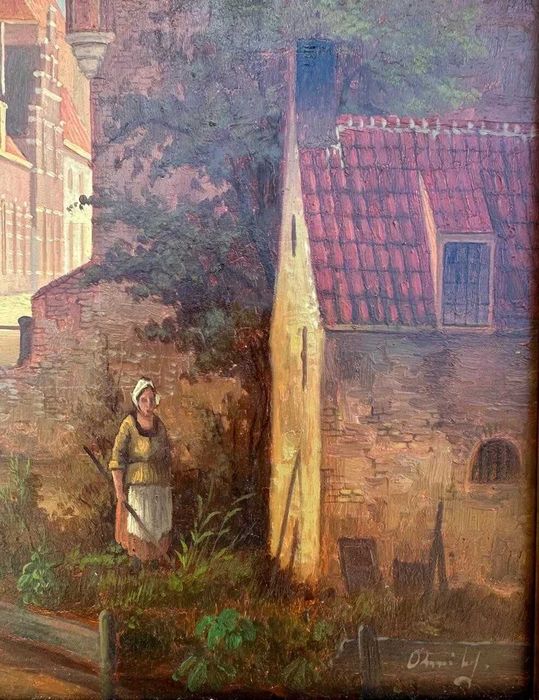 Continental school : Figures by steps along a canal, oil on panel