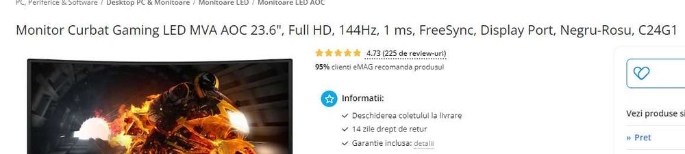 Monitor AOC C24G1 24” Curved 144Hz – Funcțional, defect estetic