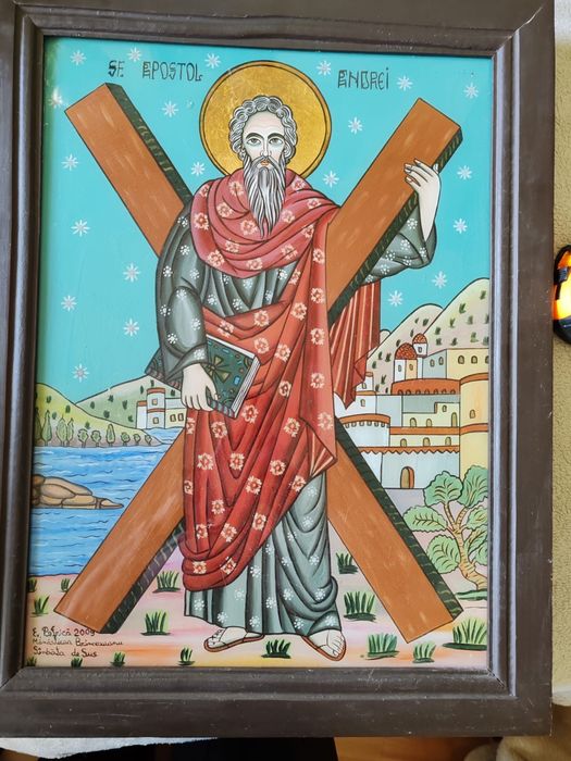 Icoana Sf. Andrei pictată pe sticlă – Mănăstirea Brâncoveanu, 60×46 cm, ramă lemn.
Descriere:
Vând icoană reprezentând pe Sfântul Andrei, pictată manu