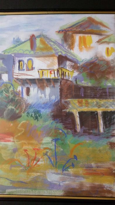 Чудесен пейзаж, рисуван със смесена техника- акварел, цветни моливи.