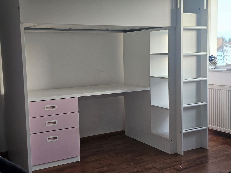 Pat supraetajat cu birou,dulap si trei sertare 90X200cm si scaun birou