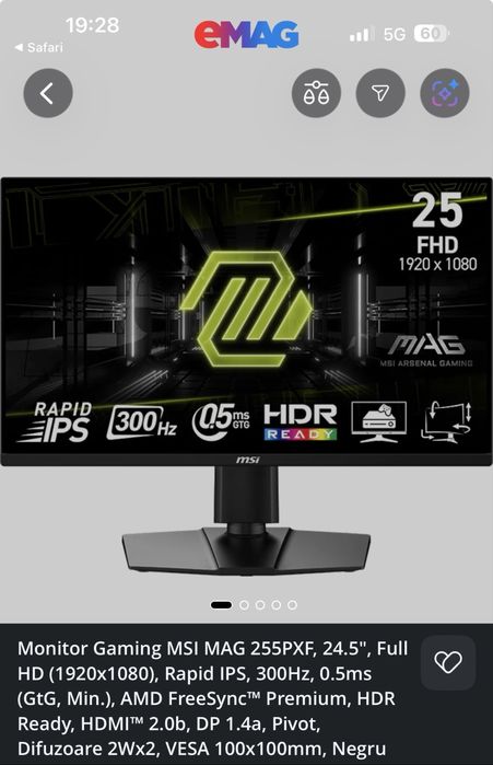 Monitor Gaming MSI MAG 255PXF, 24.5", Full HD (1920x1080), Rapid IPS, 300Hz, 0.5ms (GtG, Min.), AMD FreeSync™ Premium, HDR Ready, HDMI™