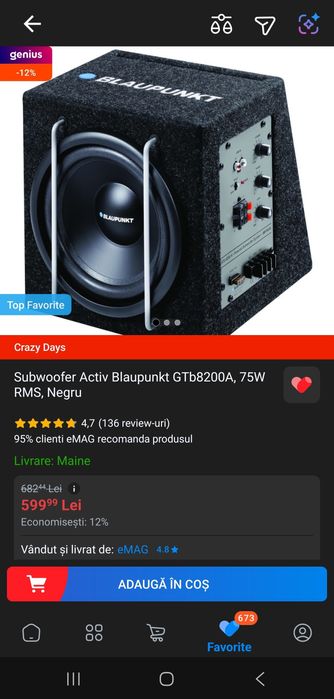 Subwoofer Activ Blaupunkt GTb8200A, 75W RMS ca nou