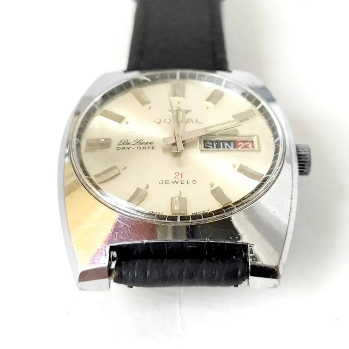 VINTAGE JOVIAL DE LUXE DAY-DATE 21 j. Мъжки механичен часовник с ръчно навиване, работещ, с нова кожена каишка.